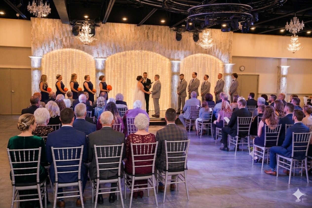 Royal Cliff indoor wedding ceremony in Eagan, MN — bride and groom exchanging vows on a stage with a curtain-of-lights backdrop, stone arches and chandeliers